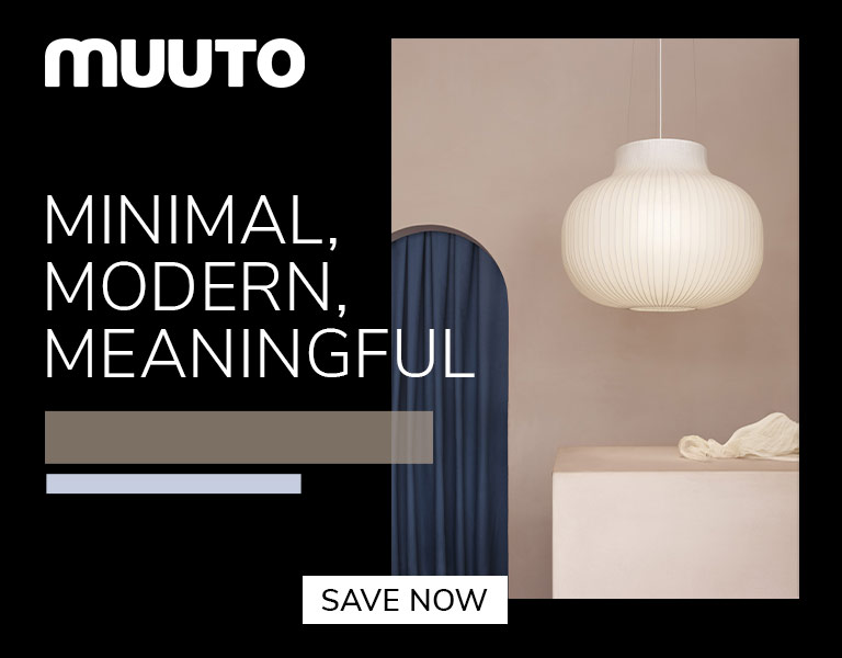 Modern MUUTO pendant lamp in a minimalist beige interior with blue curtain, featuring text ‘Minimal, Modern, Meaningful’ and button ‘Save Now’.