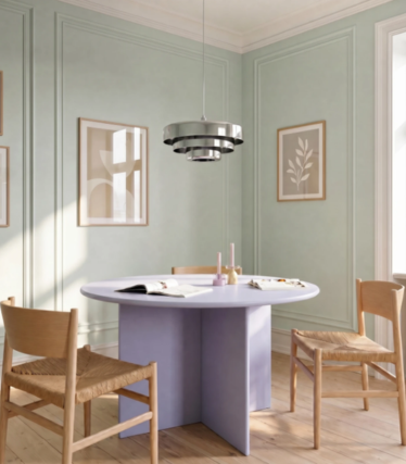 Ronde paarse eettafel met driehoekige voet onder een meerlaagse zilveren hanglamp in een pastelgroene kamer.