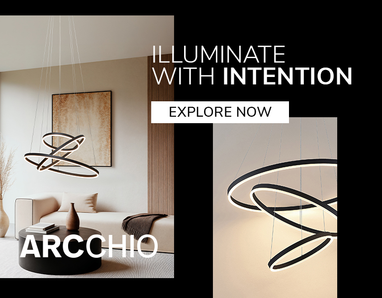 "Modern Arcchio pendant light with sculptural ring design illuminating a minimalist living room, featuring text ‘Illuminate with Intention’ and ‘Explore Now’.