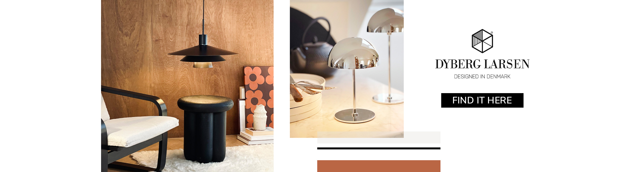 Dyberg Larsen modern lighting designs, featuring a black pendant lamp over a lounge setup and chrome table lamps on a marble surface.