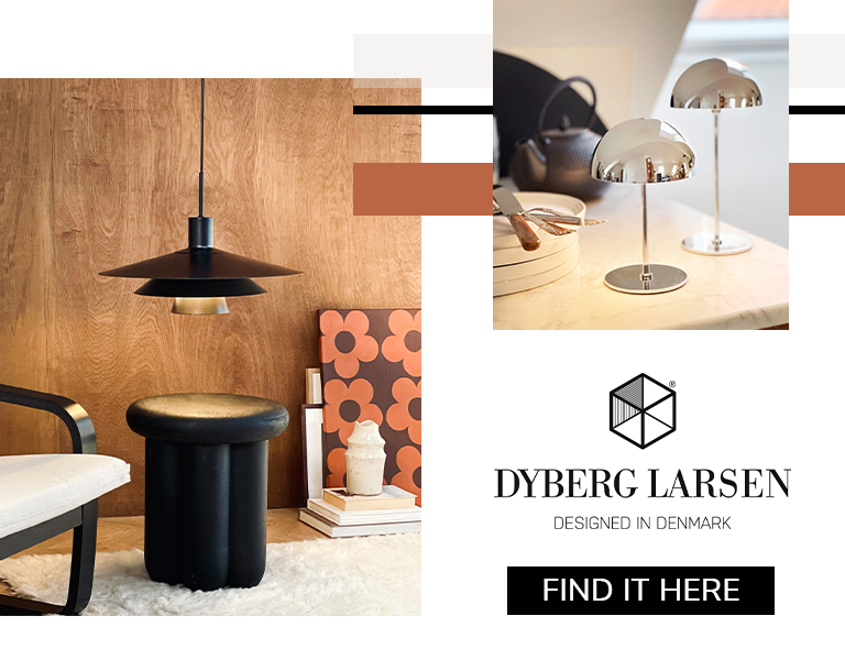 Dyberg Larsen modern lighting designs, featuring a black pendant lamp over a lounge setup and chrome table lamps on a marble surface.