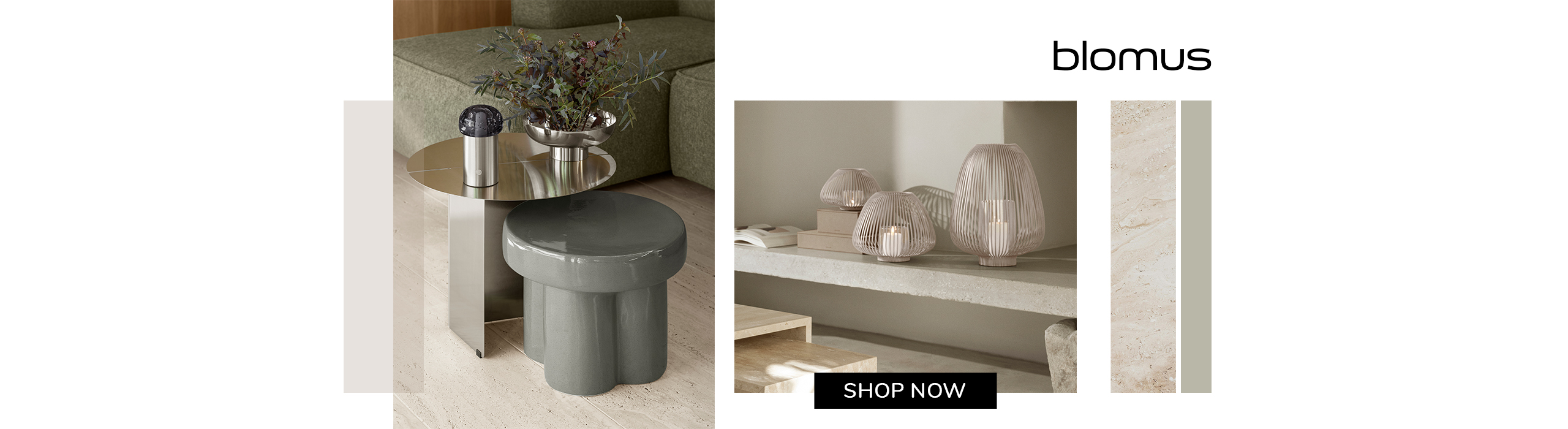 Blomus modern side table with ceramic stool and candle lanterns in a minimalist living room.
