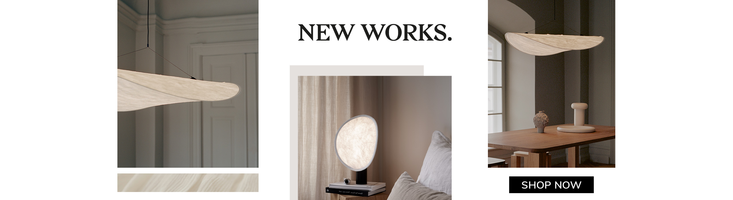 New Works sculptural lighting in soft white tones, featuring a floating pendant lamp and round table lamp in a modern interior.