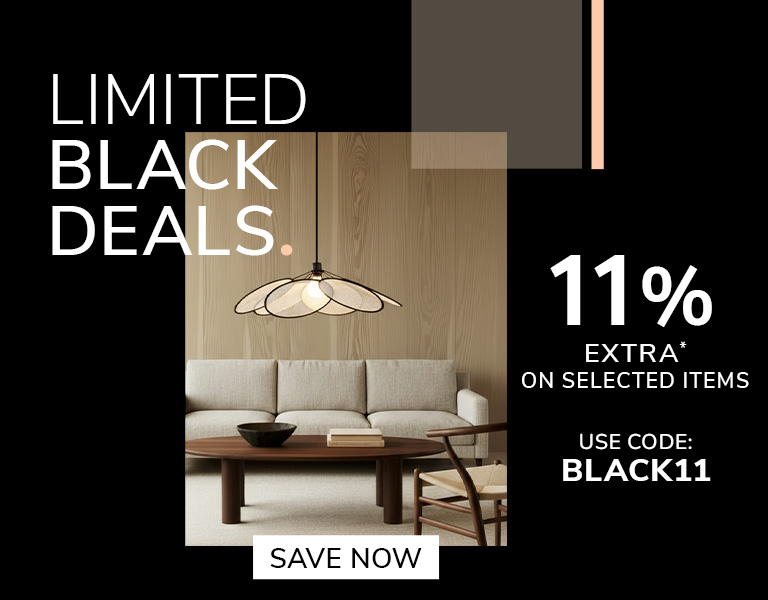 Save now Modern living-room scene with a beige sofa, wooden coffee table, and a large decorative pendant light, promoting “Limited Black Deals” with an 11% extra discount code.