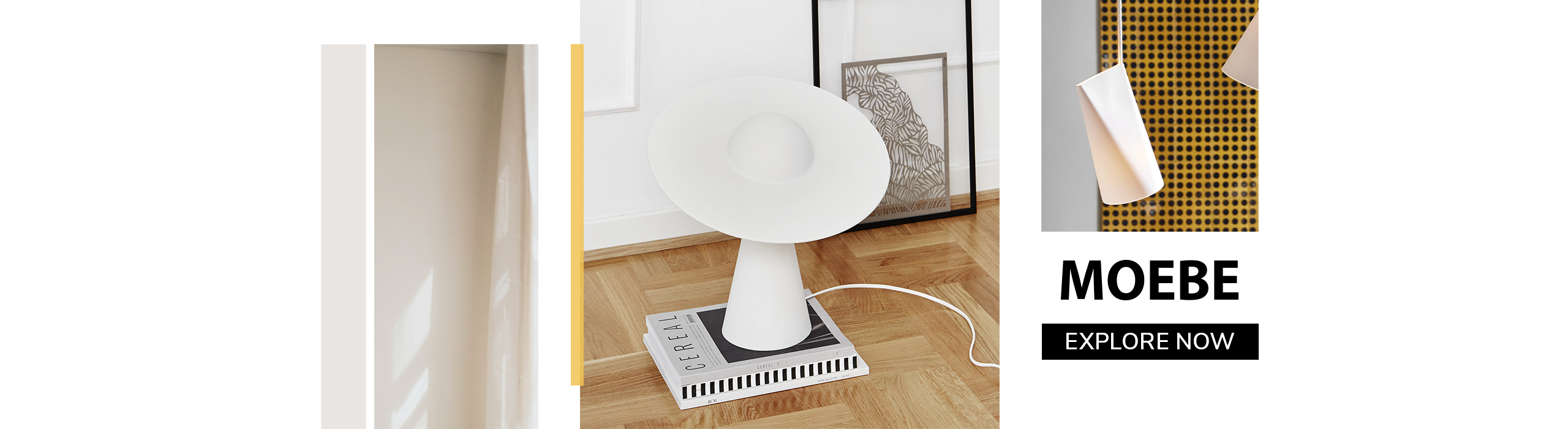 Moebe minimalist white table lamp with sculptural design, styled in a modern interior with wooden flooring and framed artwork.